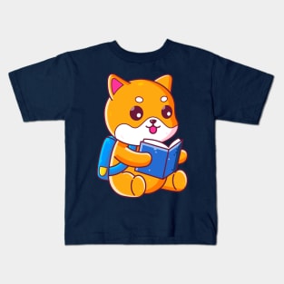 Cute school shiba inu reading book Kids T-Shirt